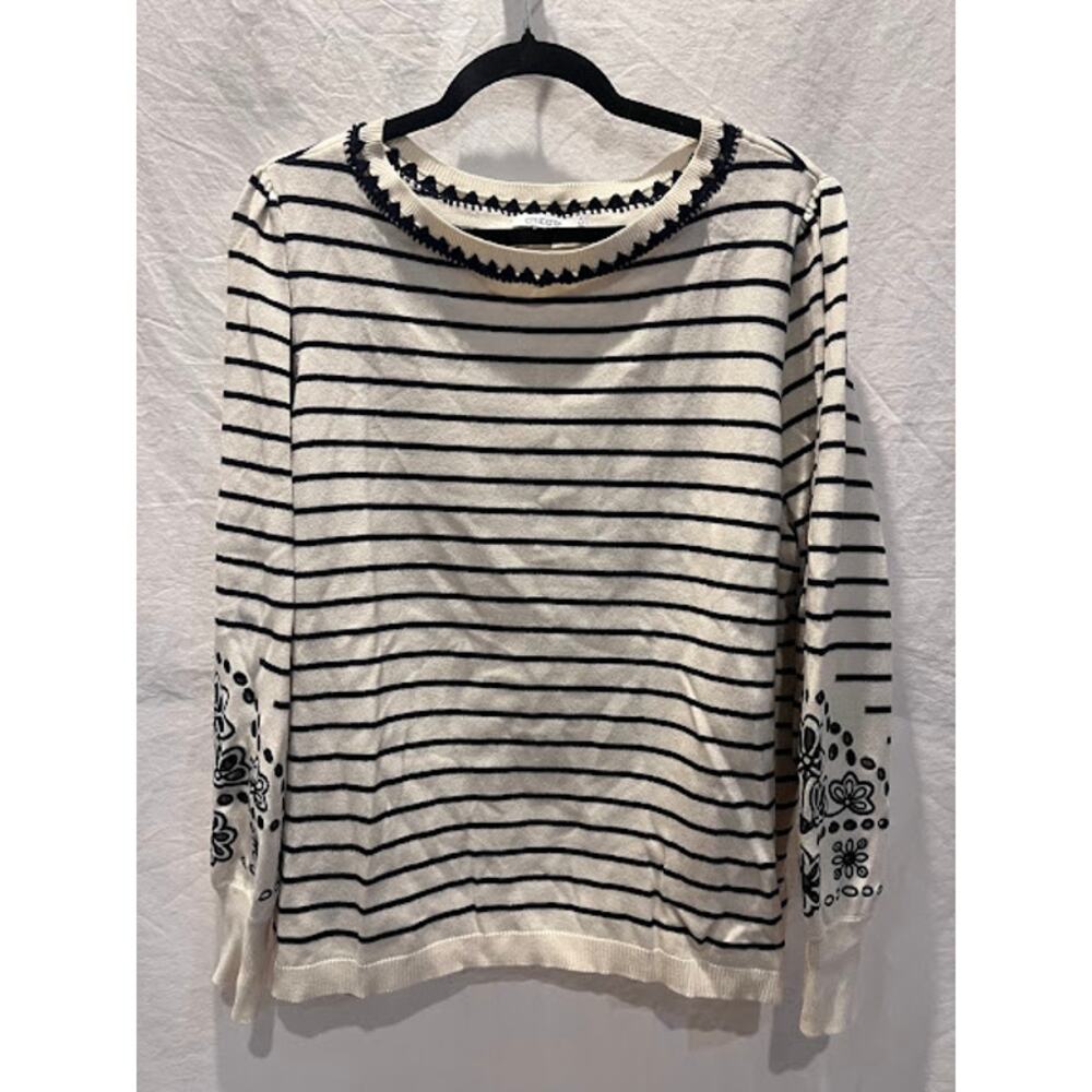 Chico's Sweater Long Sleeve Cream Black Embroidered Pullover Crew Neck XXL